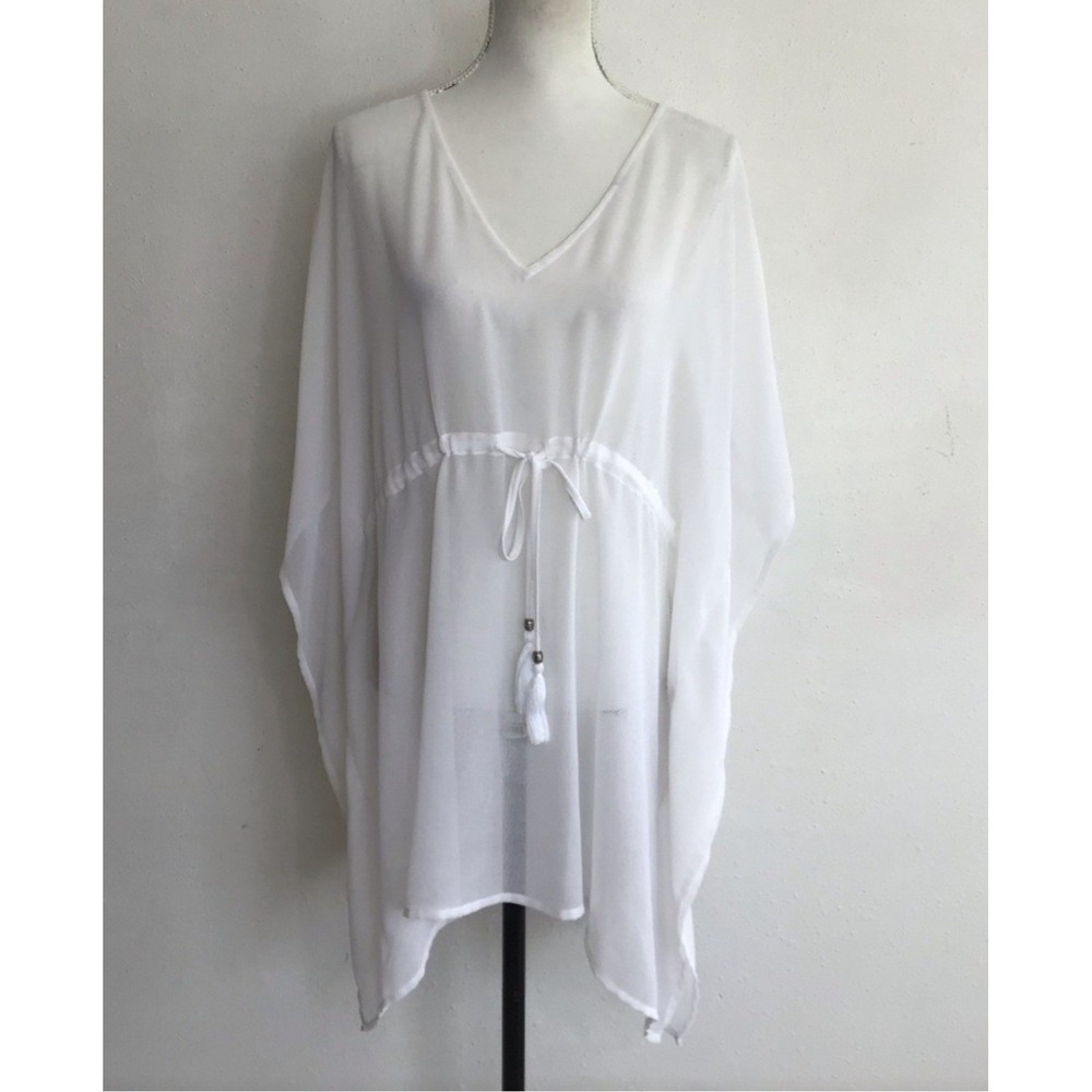 Beaches & Boho White Butterfly‎ Drawstring Sheer Swim Coverup Boho Beach Resort